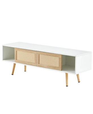 White Rattan Tv Cabinet with Sliding Doors & Adjustable Shelf