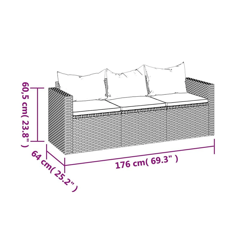 3-Seater Patio Sofa with Cushions Black Poly Rattan
