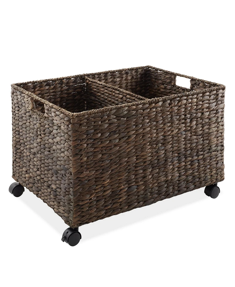 Casafield Rolling Storage Basket Cart with Lid and Wheels, Natural - Woven Water Hyacinth Divided Sorting Bin for Kitchen, Pantry, Laundry, Garage