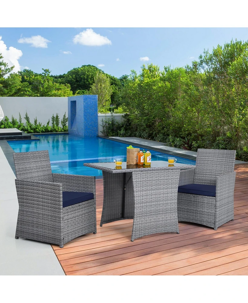 Gymax 3PCS Outdoor Rattan Conversation Set Patio Dining Table Set w/ Navy Cushions