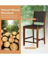 Woven Bar Stools Set of 2 Counter Height Dining Chairs Faux Pu Leather Kitchen