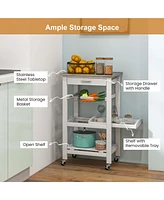 Compact Kitchen Island Cart Rolling Service Trolley with Stainless Steel Top Basket