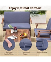 Pcs Patio Conversation Set Acacia Wood Sofa Coffee Table with Cushioned Seat
