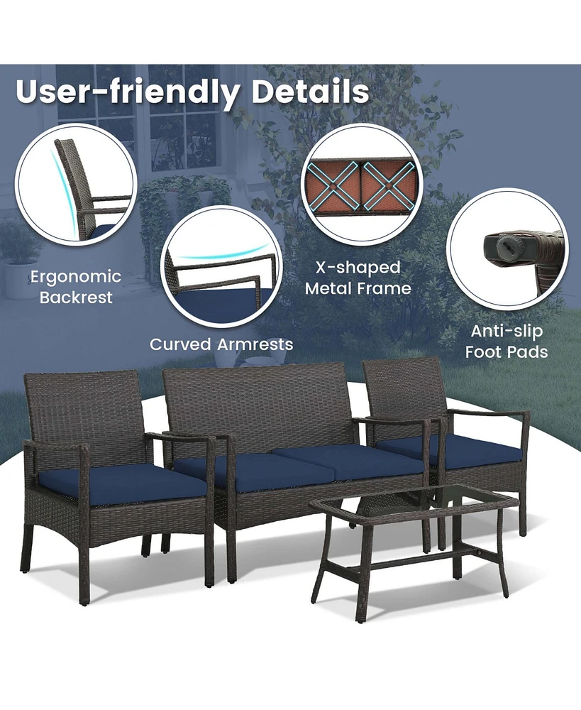 4PCS Patio Rattan Wicker Furniture Set Cushioned Sofa Armrest Coffee Table