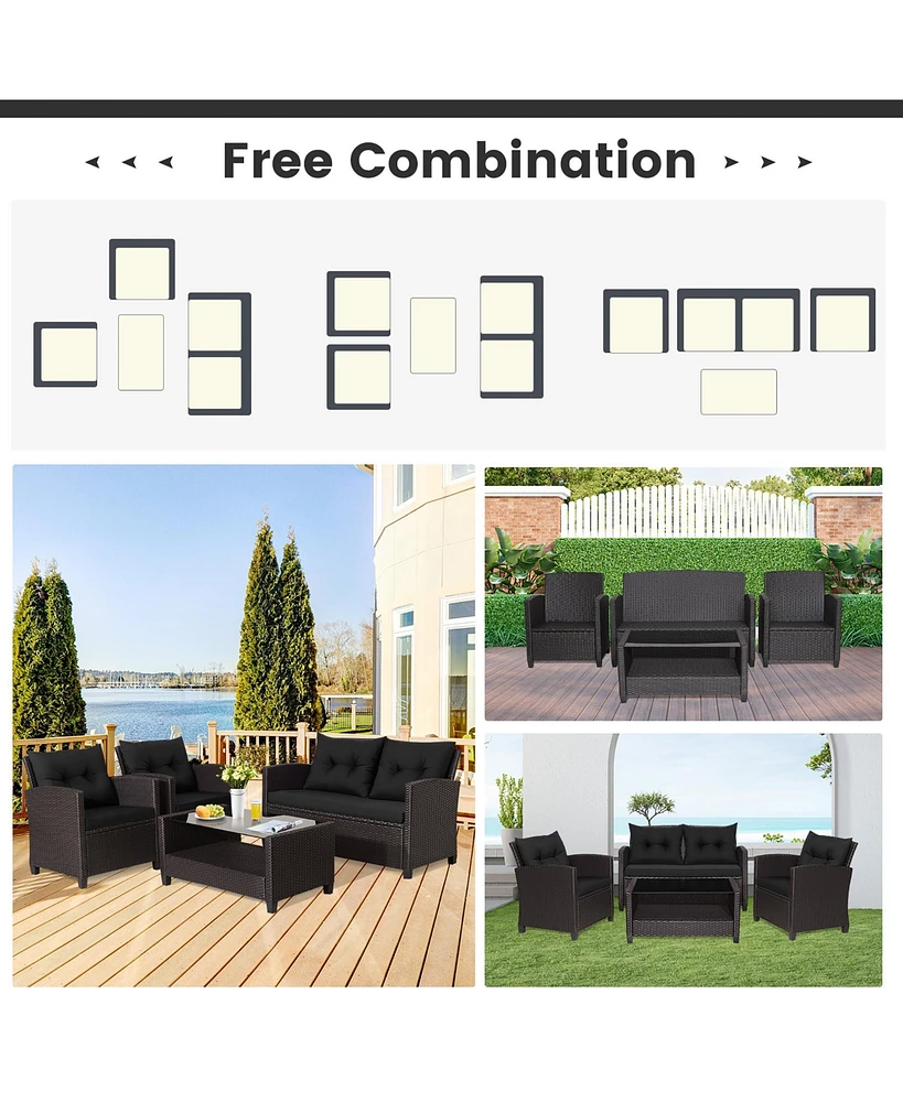Gymax 4PCS Outdoor Conversation Set Patio Pe Rattan w/ Glass Table & Sofa Cushions