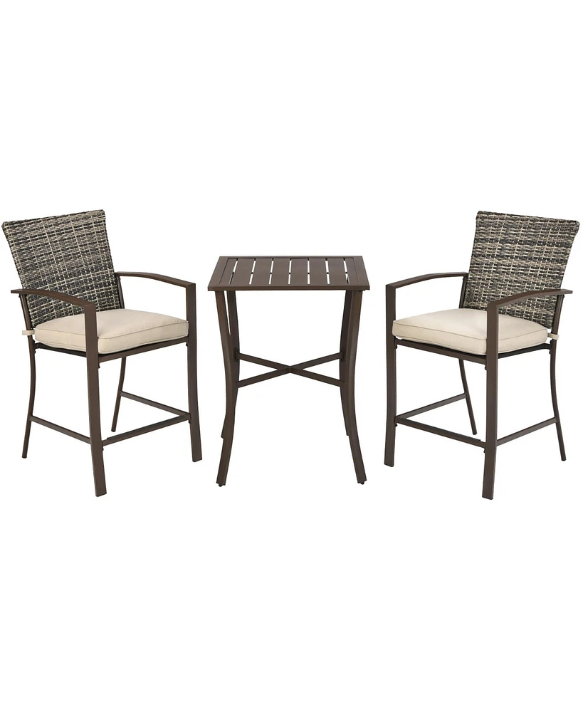 3PCS Patio Rattan Bar Furniture Set Slat Table 2 Cushioned Stools Poolside