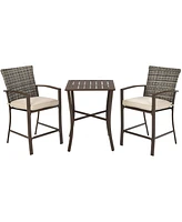 3PCS Patio Rattan Bar Furniture Set Slat Table 2 Cushioned Stools Poolside