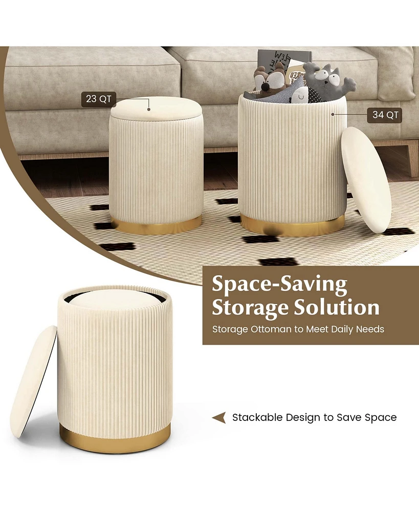 Costway Velvet Storage Ottoman Set of 2 Modern Round Ottoman with Storage for Living Room