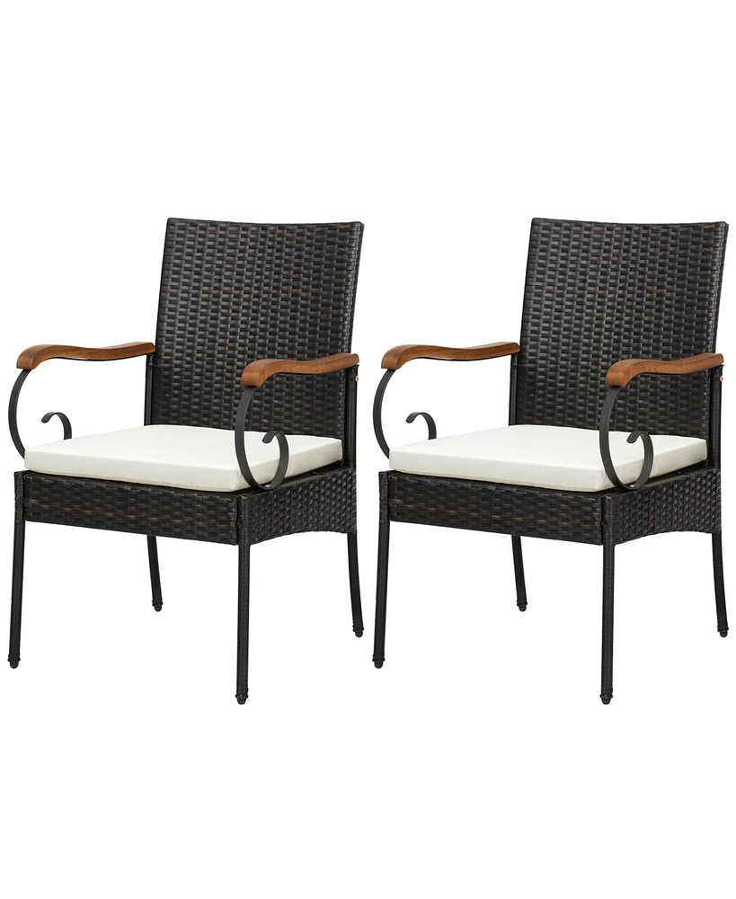 4PCS Patio Pe Wicker Chairs Acacia Wood Armrests with Soft Zippered Cushion Garden