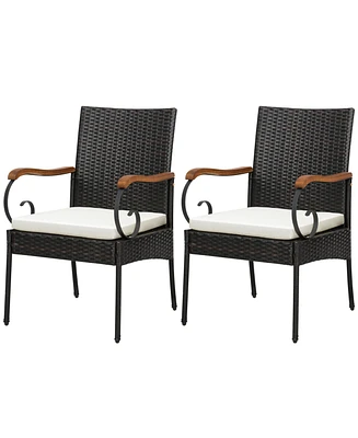 4PCS Patio Pe Wicker Chairs Acacia Wood Armrests with Soft Zippered Cushion Garden