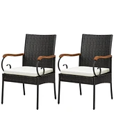 4PCS Patio Pe Wicker Chairs Acacia Wood Armrests with Soft Zippered Cushion Garden