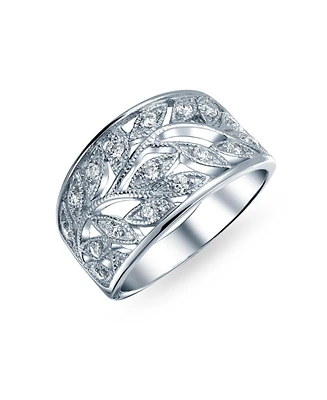 Bling Jewelry Pave Cubic Zirconia Open Filigree Wide Leaves Leaf Band Ring Sterling Silver