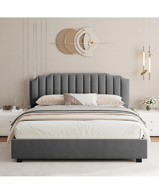 Lift Up Queen Size Bed Velvet Grey