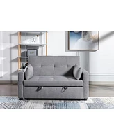 Light Grey Linen Fabric 3-In-1 Convertible Sleeper Loveseat With Side Pocket