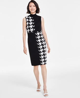 Anne Klein Women's Houndstooth Mock Neck Sleeveless Dress