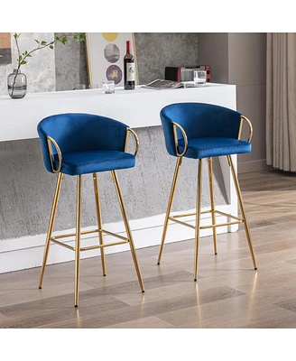 26 Inch Set Of 2 Bar Stools, With Chrome Footrest Velvet + Golden Leg Simple Barstool, Blue