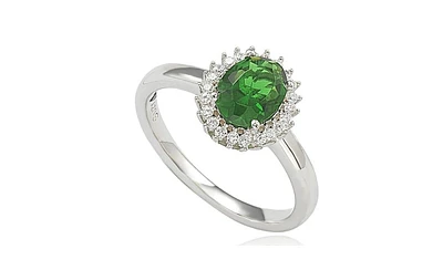 Suzy Levian Sterling Silver Cubic Zirconia Green Oval Halo Ring