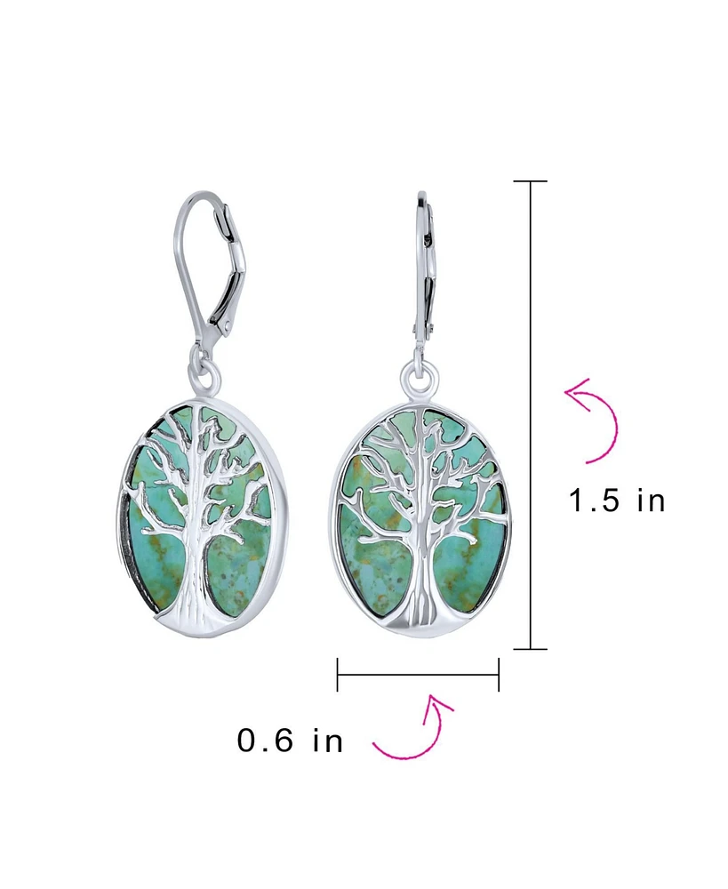 Bling Jewelry Large Oval Natural Stone Shell Lever Back Mother Of Pearl Family Tree Life Dangle Earrings .925 Sterling Silver