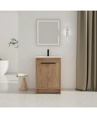 24" Freestanding Bathroom Vanity With White Ceramic Sink & 2 Soft-Close Cabinet Doors