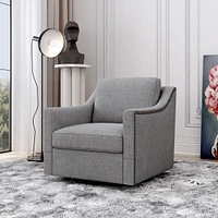 Swivel Armchair in Cotton Linen with Brass Accents