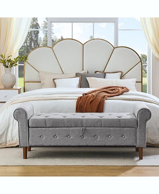 62" Bedroom Tufted Button Storage Bench, Linen Upholstered Ottoman,
