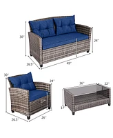 8 Pcs Patio Rattan Furniture Set Coffee Table Cushioned Sofa Garden Lawn Navy