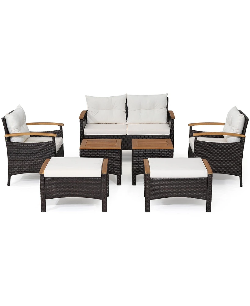 7PCS Patio Rattan Furniture Set Cushion Armrest Loveseat Ottoman Table