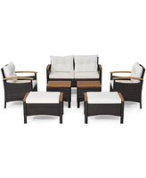 7PCS Patio Rattan Furniture Set Cushion Armrest Loveseat Ottoman Table