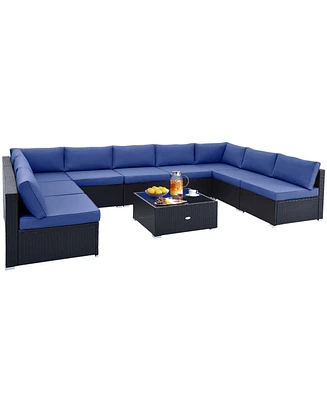 10 Pcs Patio Rattan Furniture Set Outdoor Wicker Sofa Table Cushioned Seat