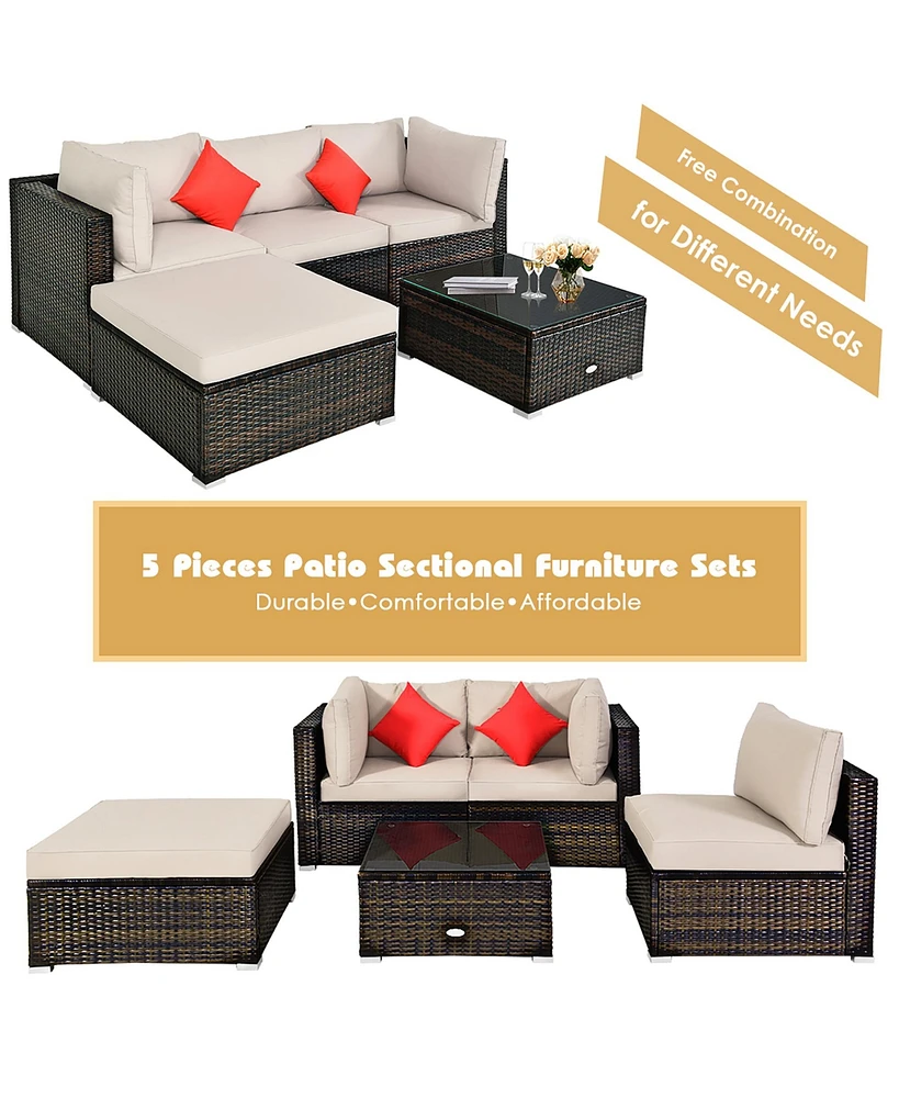 5PCS Outdoor Patio Rattan Furniture Set Sectional Conversation