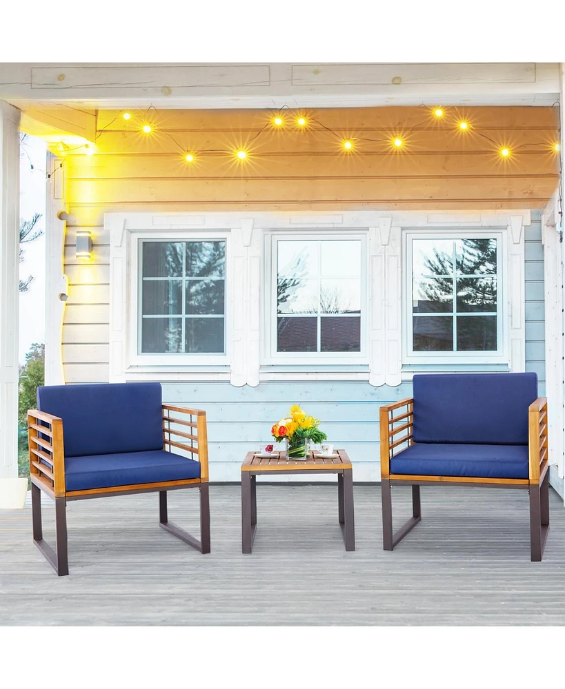 Slickblue 3 Pieces Patio Acacia Wood Conversation Set with Cushioned Armchairs-Navy