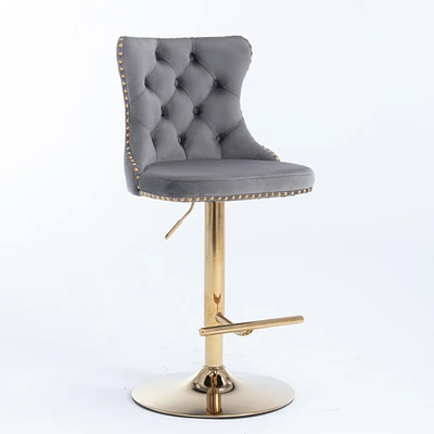 Set of 2 Gray Velvet Bar Stools, Adjustable Height