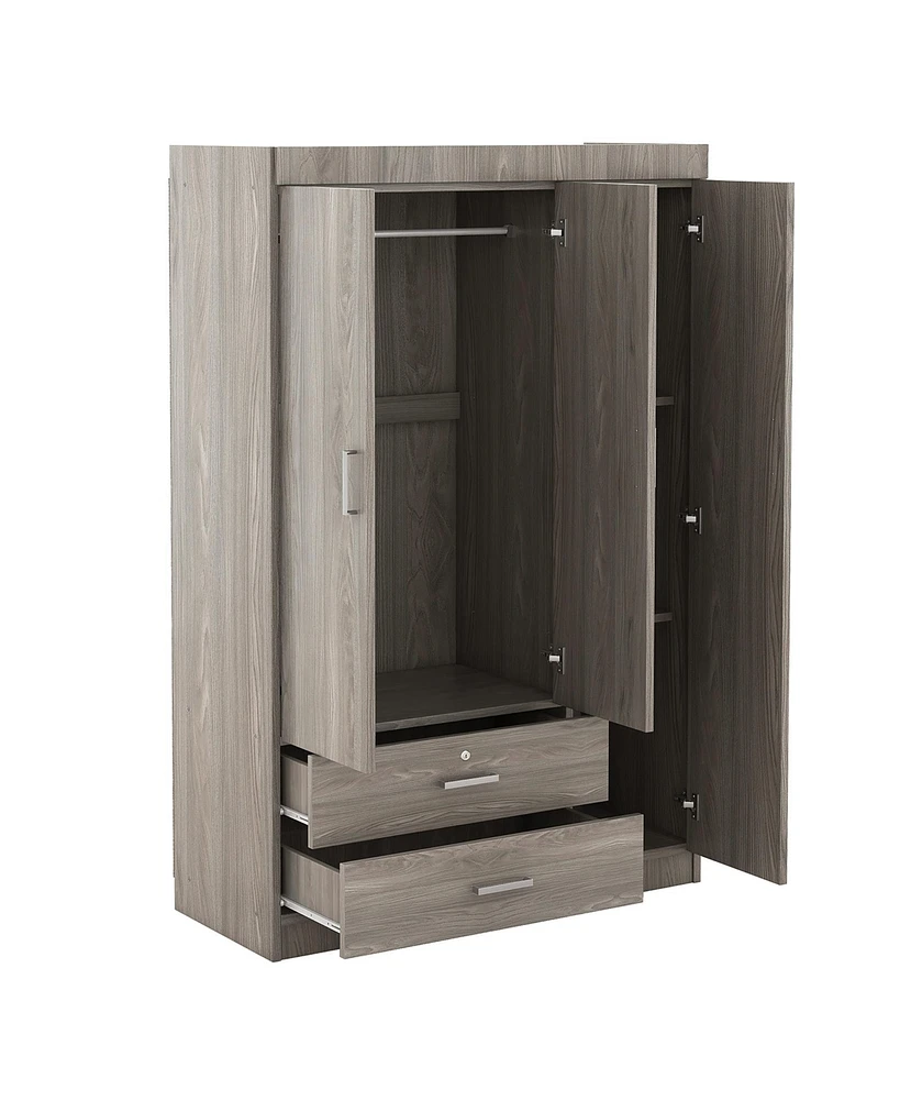 3-Door Mirror Wardrobe with shelves, Gray