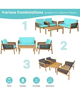 8PCS Patio Rattan Furniture Set Acacia Wood Cushioned Sofa