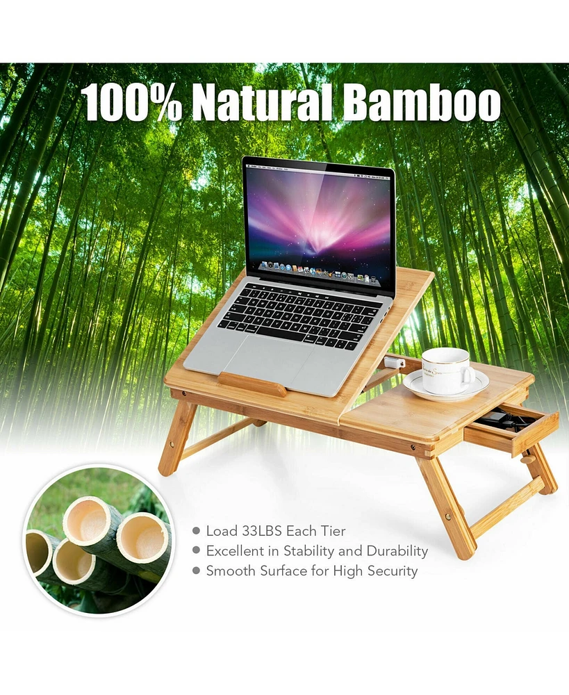 Gymax Bamboo Laptop Desk Adjustable Folding Bed Tray w/Drawer Heat Dissipation