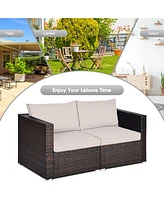 Gymax 2PCS Rattan Corner Sofa Set Patio Outdoor Furniture Set w/ 4 Beige Cushions