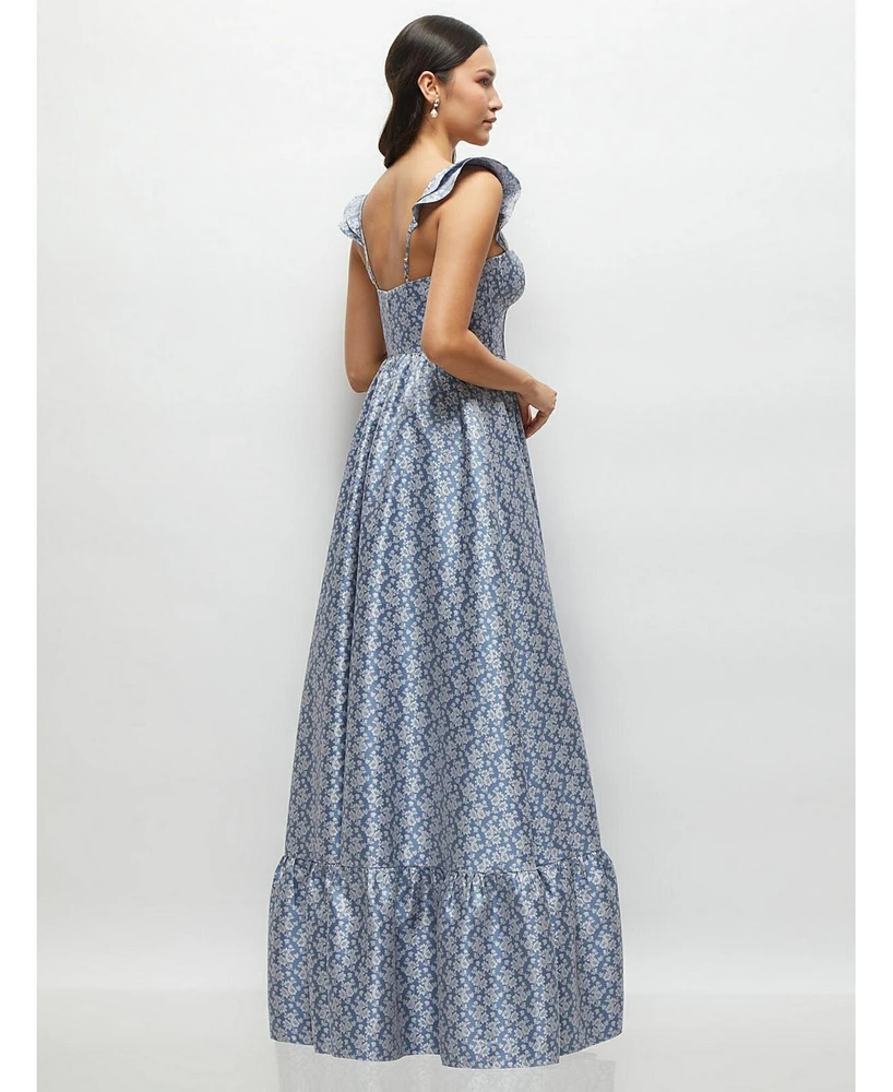 Dessy Collection Women's Marguerite Floral Corset Maxi Dress with Ruffle Straps & Skirt