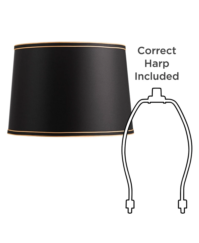 Black Medium Drum Lamp Shade with Black and Gold Trim 14" Top x 16" Bottom x 11" High (Spider) Replacement with Harp and Finial - Springcrest