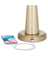 Karla Modern Table Lamps 25" Tall Set of 2 with Usb Charging Port Brass Gold Metal Beige Fabric Drum Shade for Bedroom Living Room House Desk Bed
