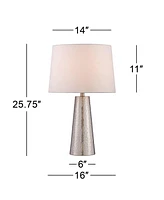 Modern Table Lamp 25 3/4" High Silver Leaf Hammered Textured Metal Off White Fabric Drum Shade Decor for Bedroom Living Room House Home Bedside N
