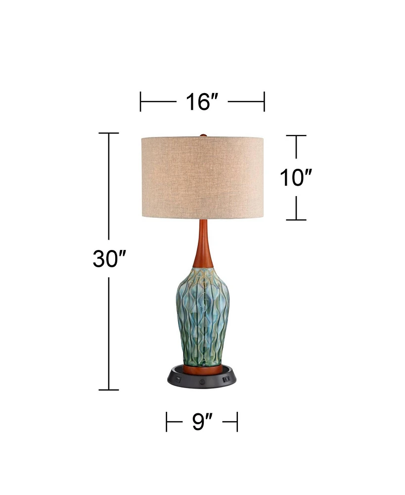 360 Lighting Rocco Mid Century Modern Table Lamp with Dimmable Usb Workstation Charging Base 30" Tall Blue Teal Ceramic Cherry Wood Linen Drum Shade f