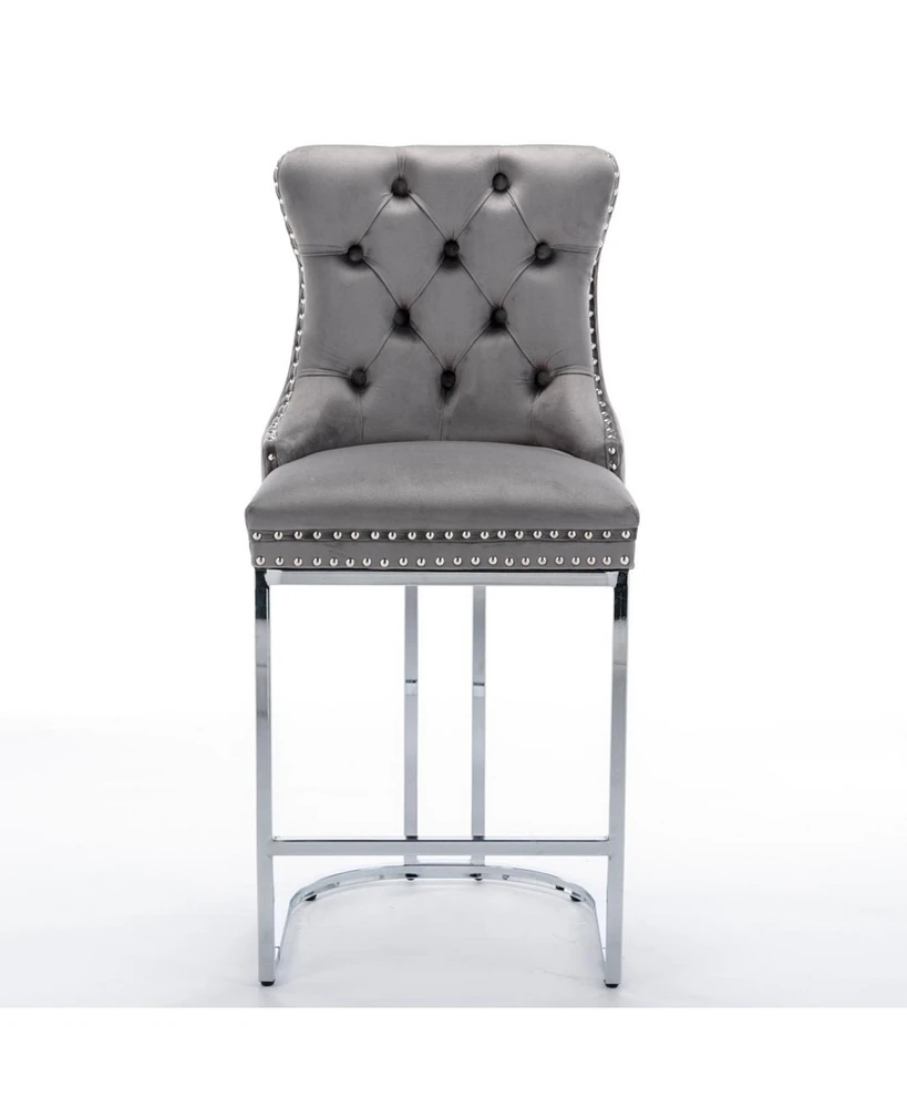 Modern Gray Velvet Bar Stools Set Of 2