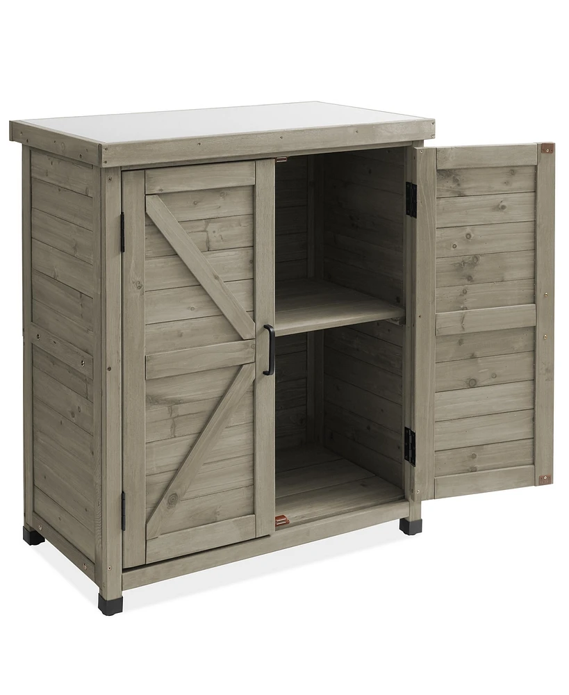 Outdoor Storage Cabinet and Potting Bench with Metal Tabletop and Storage Cabinet - Wooden Outdoor Garden Patio Workstation Table, Natural