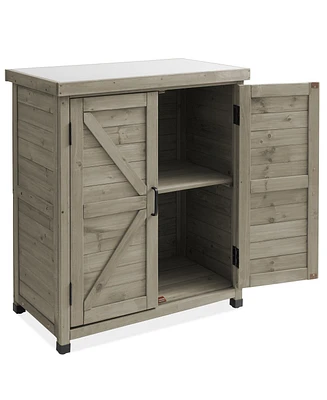 Outdoor Storage Cabinet and Potting Bench with Metal Tabletop and Storage Cabinet - Wooden Outdoor Garden Patio Workstation Table, Natural