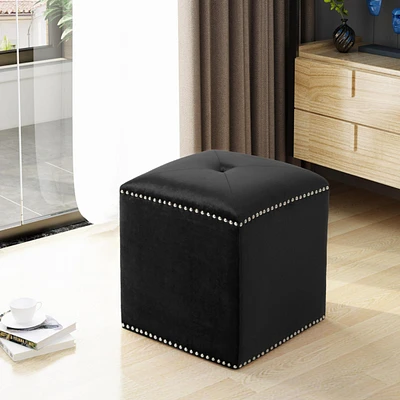 Plush Velvet Square Ottoman with Studded Trim and Single Tuft