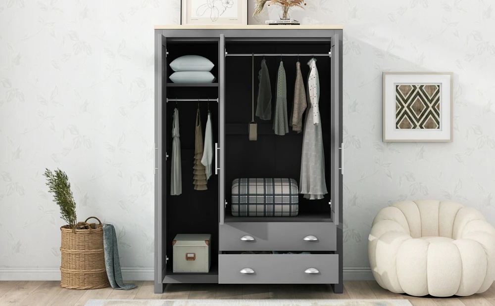Three Door Storage Wardrobe with Cabinets and Two Hanging Rods, Gray