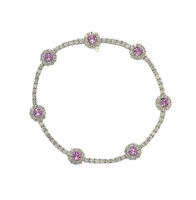 Suzy Levian Sterling Silver Sapphire & Created White Sapphire Round Halo Pave Tennis Bracelet