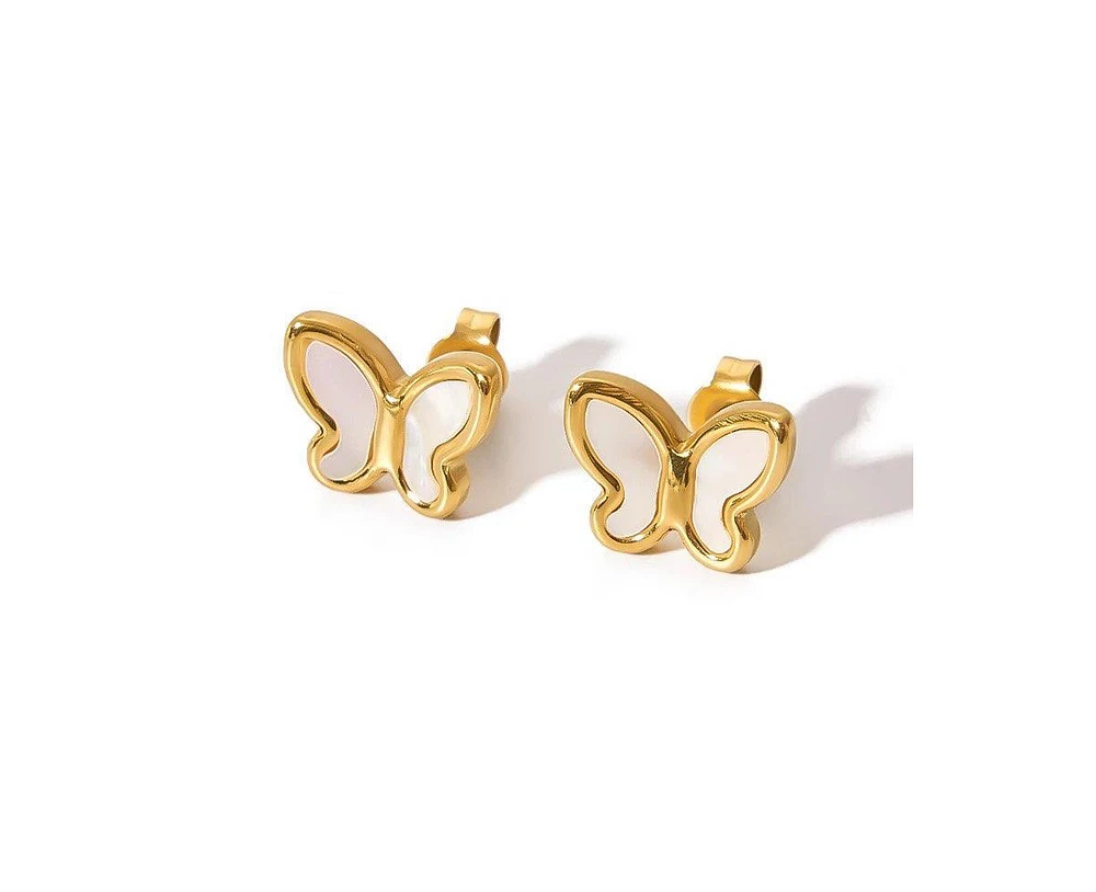 Hollywood Sensation Gold Butterfly Stud Earrings Featuring Mother of Pearl Inlay