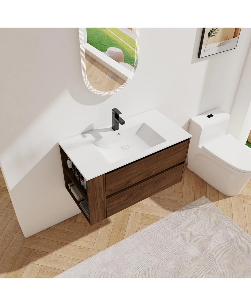 36" Wall Mounting Bathroom Vanity With Ceramic Sink, Soft Close Drawer