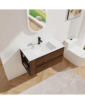 36" Wall Mounting Bathroom Vanity With Ceramic Sink, Soft Close Drawer